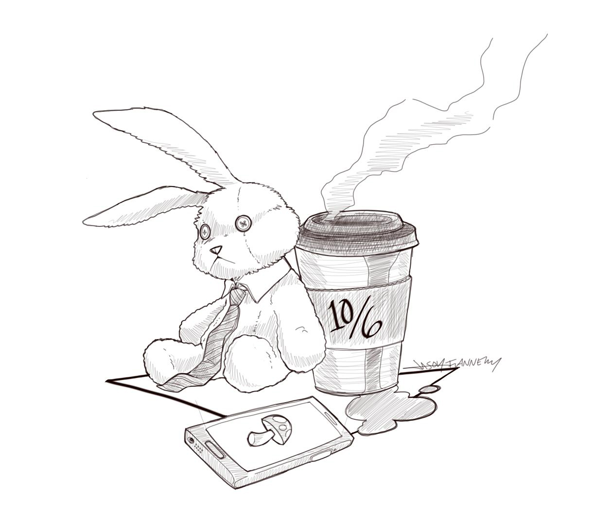 stuffed rabbit next to a coffee cup