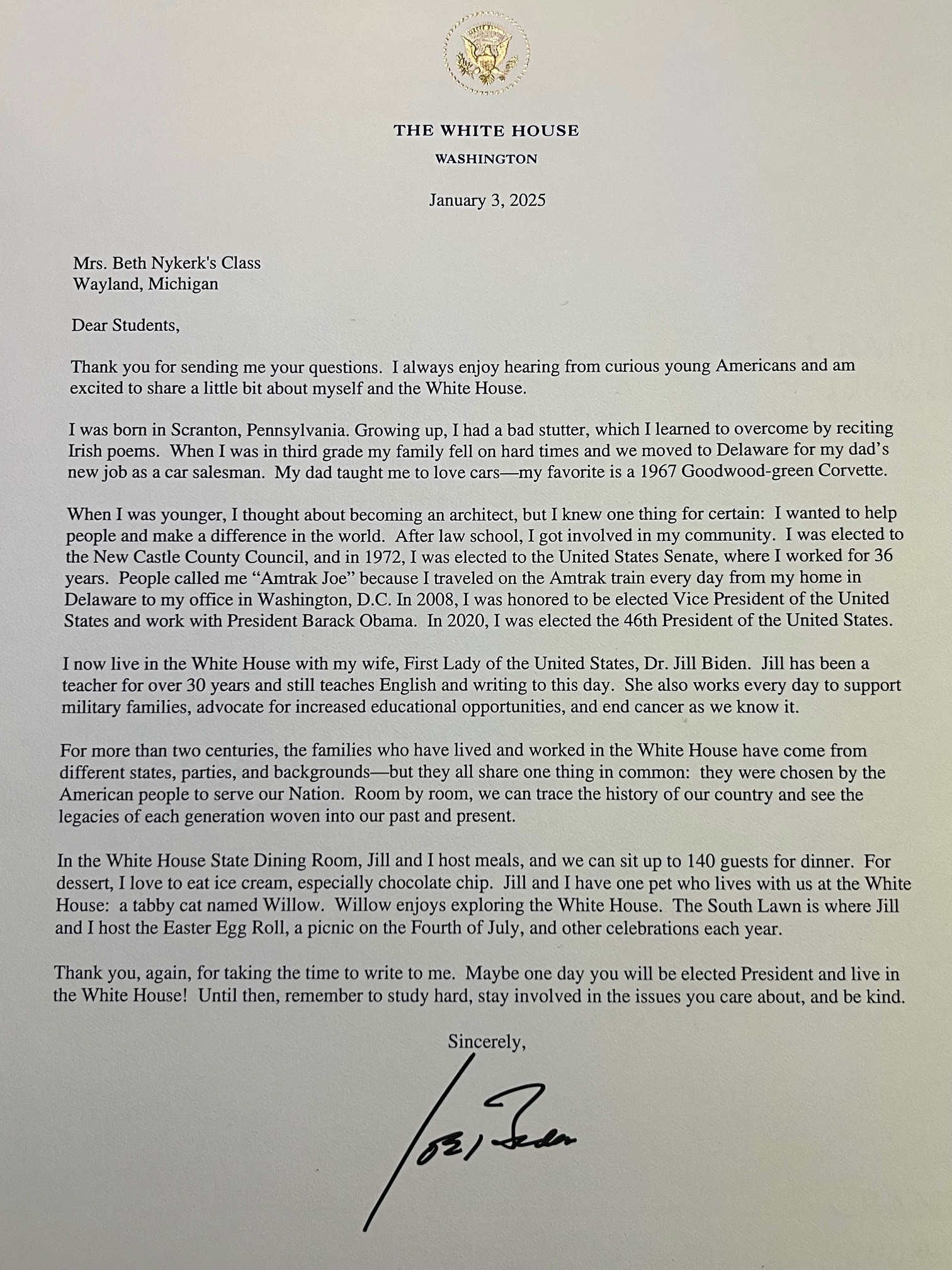 Photo of letter from President Biden